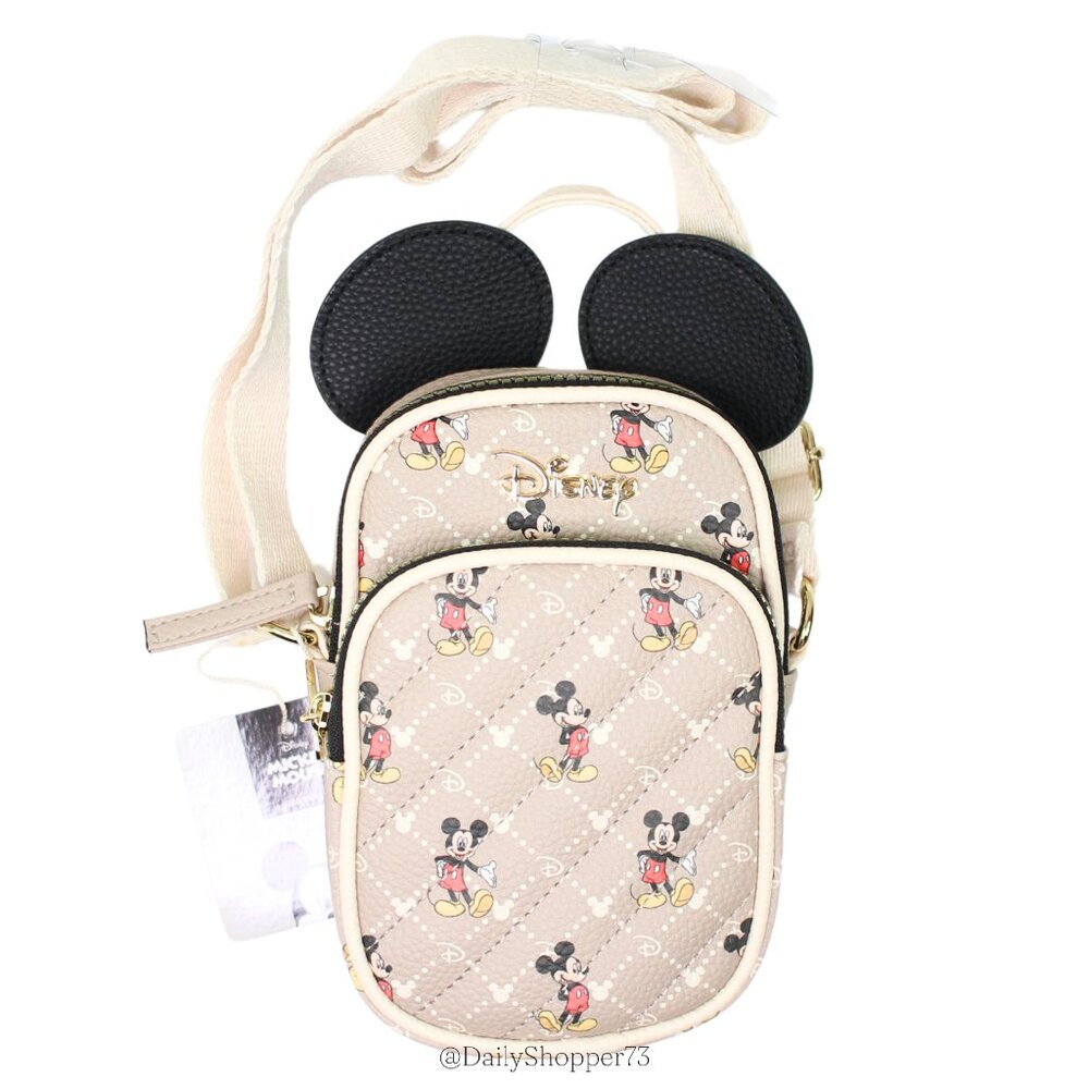Disney Women's Luxe Mickey Mouse Patterned with Ears Quilted Beige Crossbody Bag - Picture 2 of 10